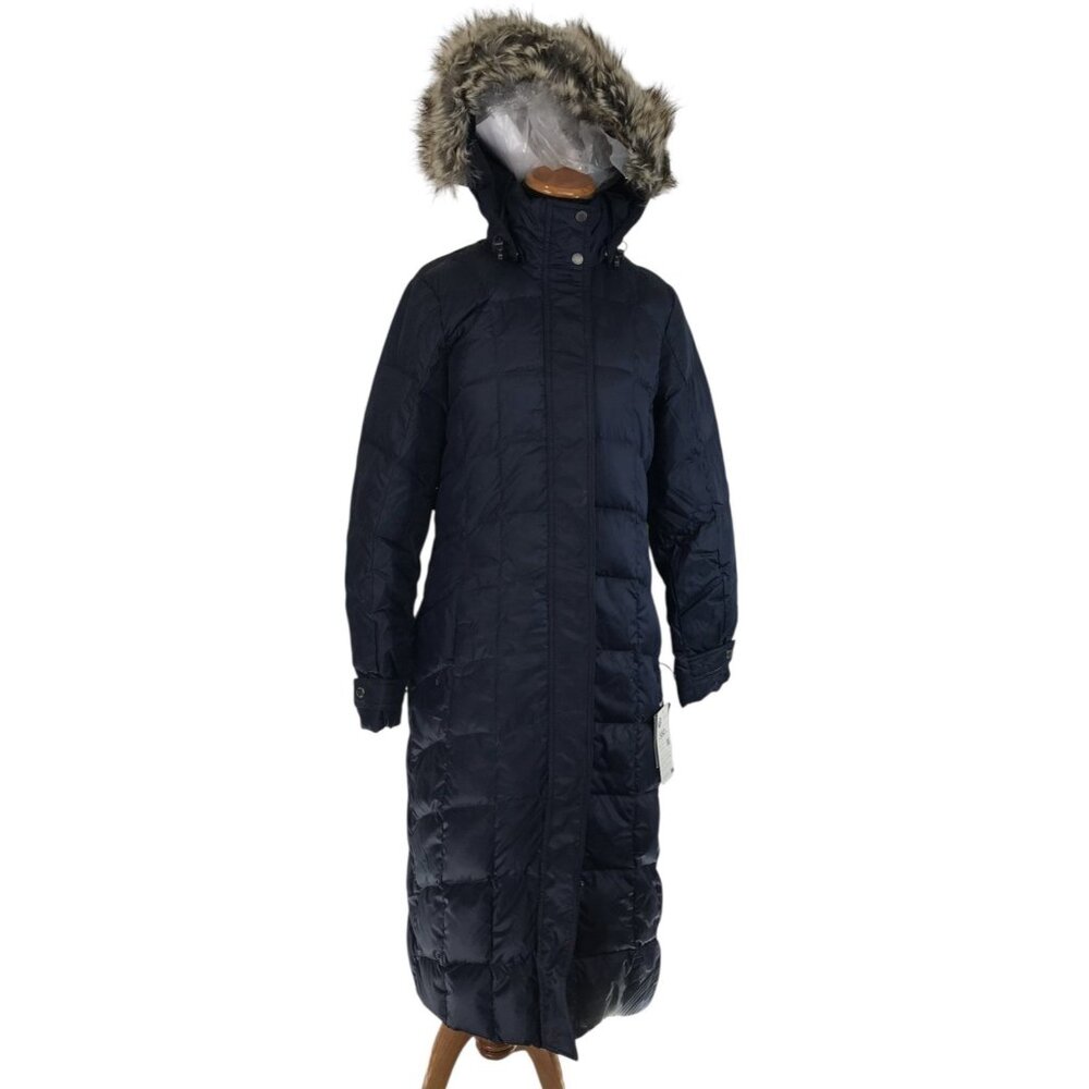 Eddie Bauer Down Duffle Coat‎ Size Small Removable Hood & Faux Fur Trim Blue